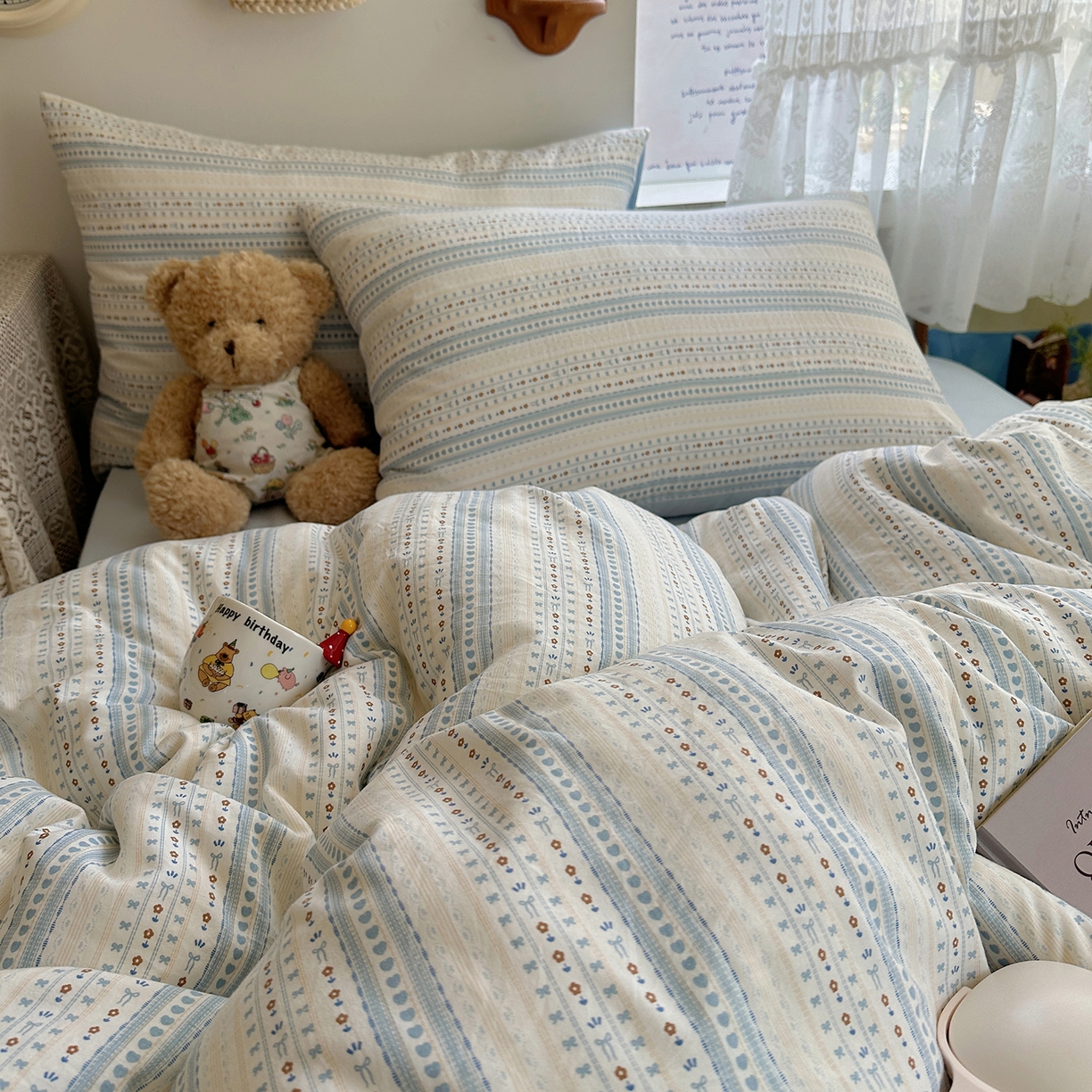 91家纺网 家纺一手货源 找家纺 沐芷 2025 开学季水洗棉四件套A类 卡通简约风超柔舒适三件套 海盐拿铁