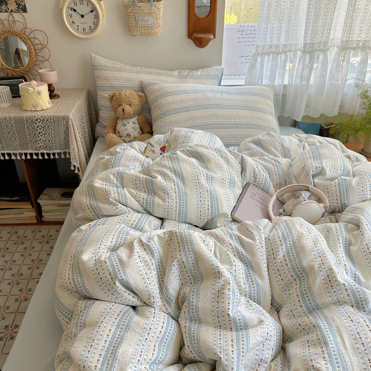 91家纺网 家纺一手货源 找家纺 沐芷 2025 开学季水洗棉四件套A类 卡通简约风超柔舒适三件套 海盐拿铁