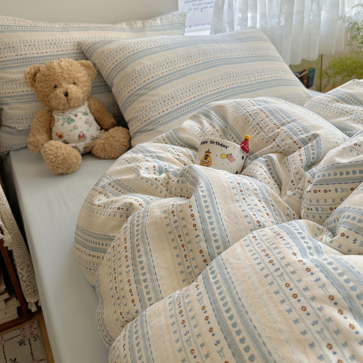 91家纺网 家纺一手货源 找家纺 沐芷 2025 开学季水洗棉四件套A类 卡通简约风超柔舒适三件套 海盐拿铁