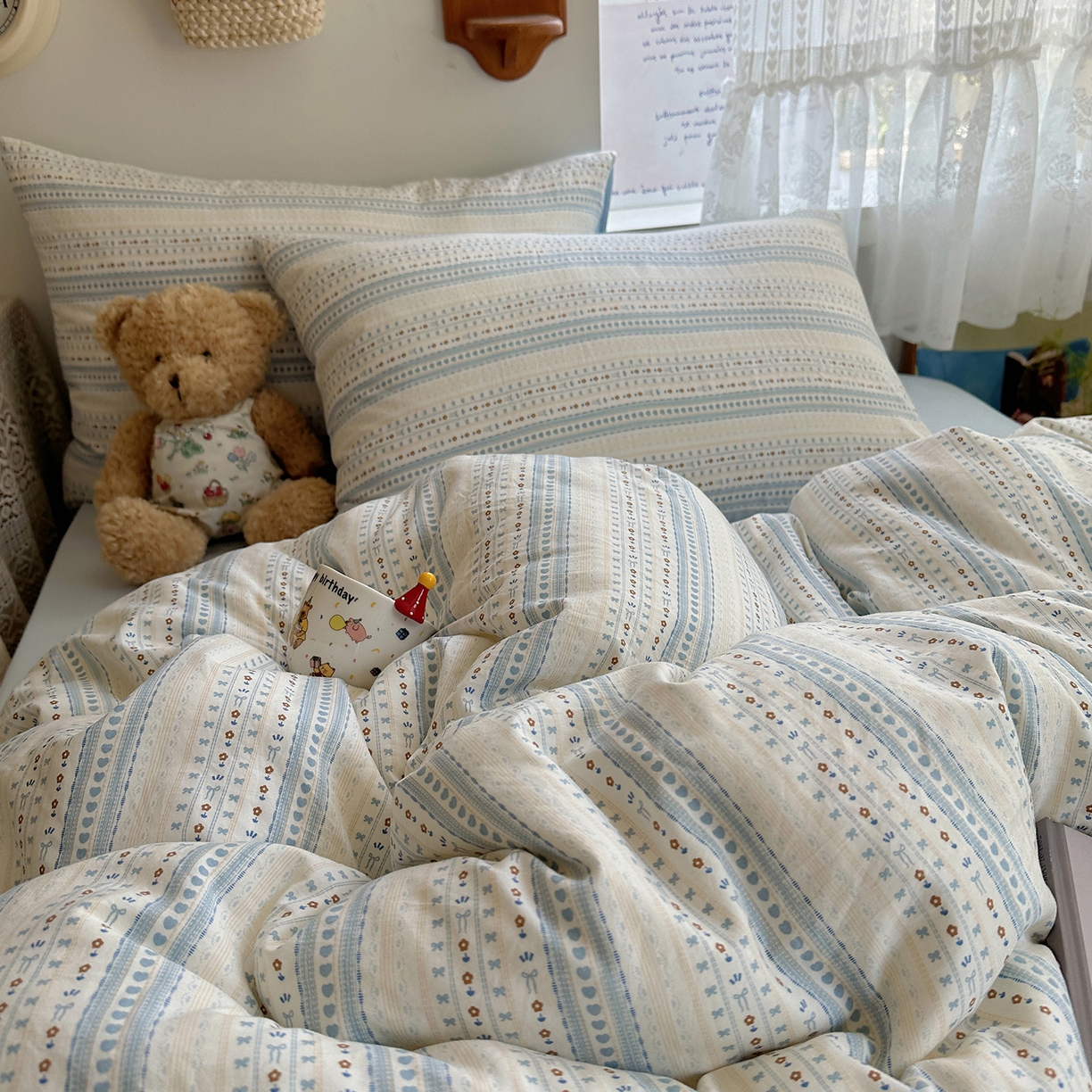 91家纺网 家纺一手货源 找家纺 沐芷 2025 开学季水洗棉四件套A类 卡通简约风超柔舒适三件套 海盐拿铁