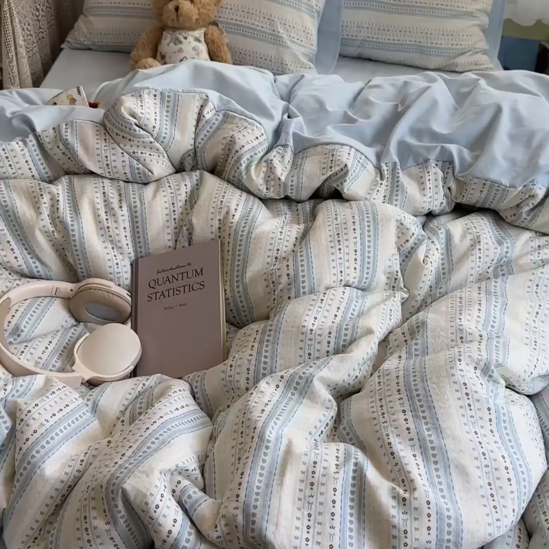 91家纺网 家纺一手货源 找家纺 沐芷 2025 开学季水洗棉四件套A类 卡通简约风超柔舒适三件套 海盐拿铁