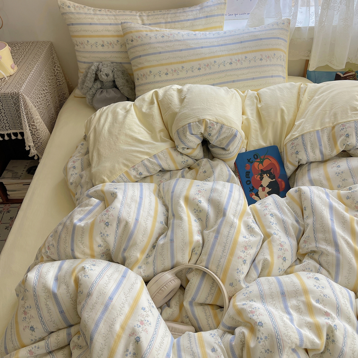 91家纺网 家纺一手货源 找家纺 沐芷 2025 开学季水洗棉四件套A类 卡通简约风超柔舒适三件套 空白诗