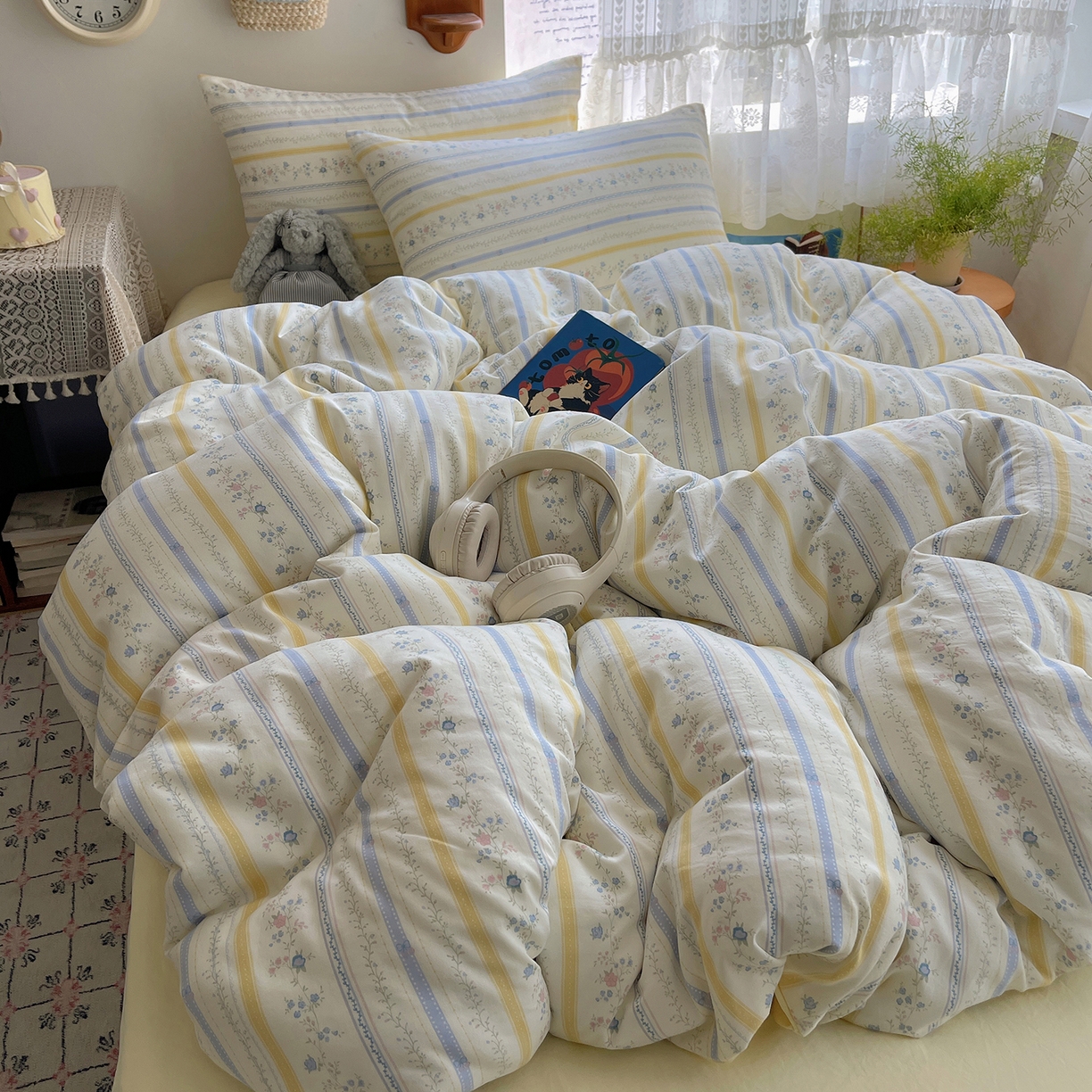 91家纺网 家纺一手货源 找家纺 沐芷 2025 开学季水洗棉四件套A类 卡通简约风超柔舒适三件套 空白诗