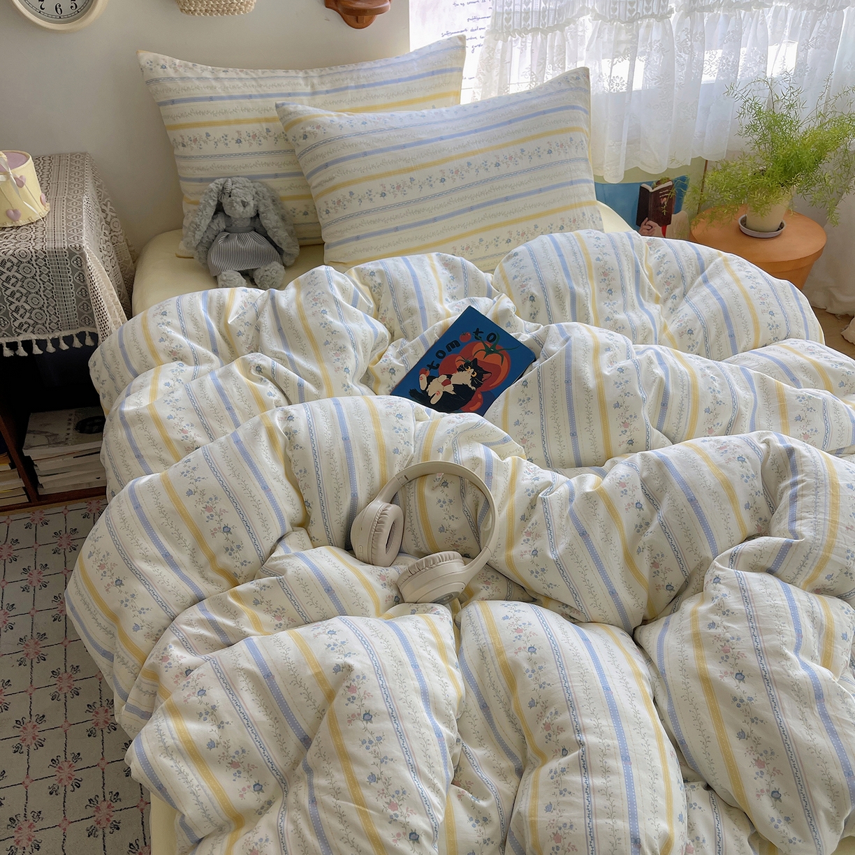 91家纺网 家纺一手货源 找家纺 沐芷 2025 开学季水洗棉四件套A类 卡通简约风超柔舒适三件套 空白诗