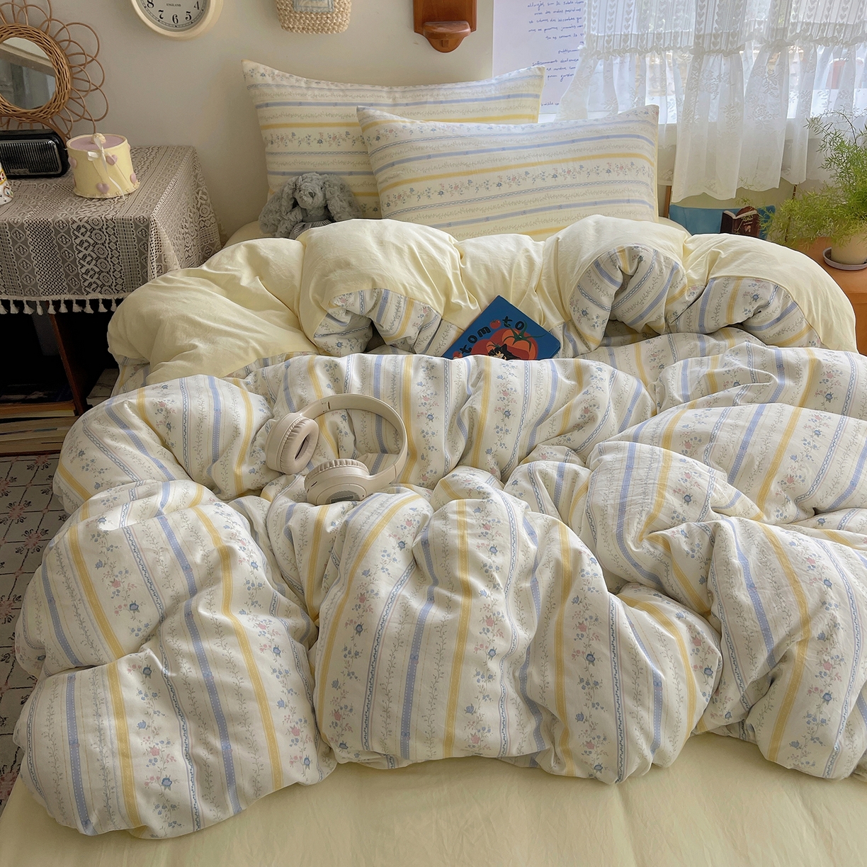 91家纺网 家纺一手货源 找家纺 沐芷 2025 开学季水洗棉四件套A类 卡通简约风超柔舒适三件套 空白诗