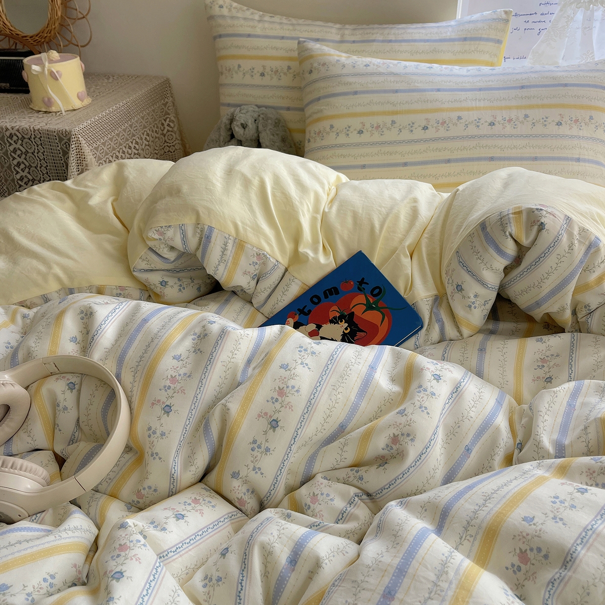 91家纺网 家纺一手货源 找家纺 沐芷 2025 开学季水洗棉四件套A类 卡通简约风超柔舒适三件套 空白诗