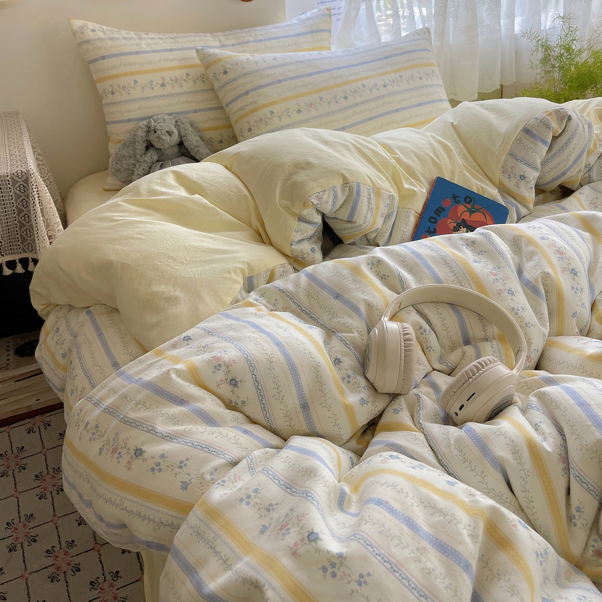 91家纺网 家纺一手货源 找家纺 沐芷 2025 开学季水洗棉四件套A类 卡通简约风超柔舒适三件套 空白诗