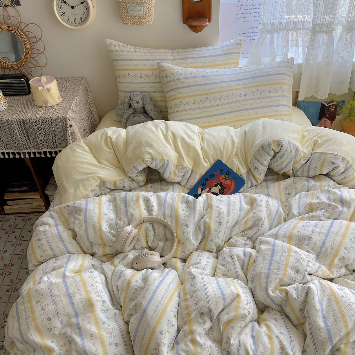 91家纺网 家纺一手货源 找家纺 沐芷 2025 开学季水洗棉四件套A类 卡通简约风超柔舒适三件套 空白诗