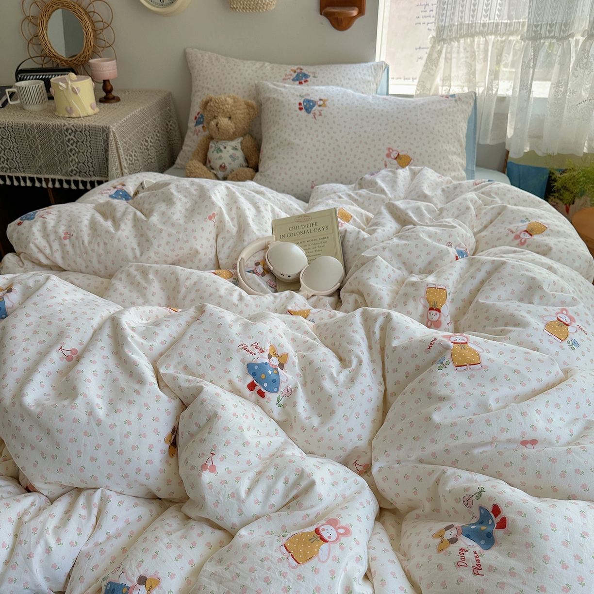 91家纺网 家纺一手货源 找家纺 沐芷 2025 开学季水洗棉四件套A类 卡通简约风超柔舒适三件套 甜心派派