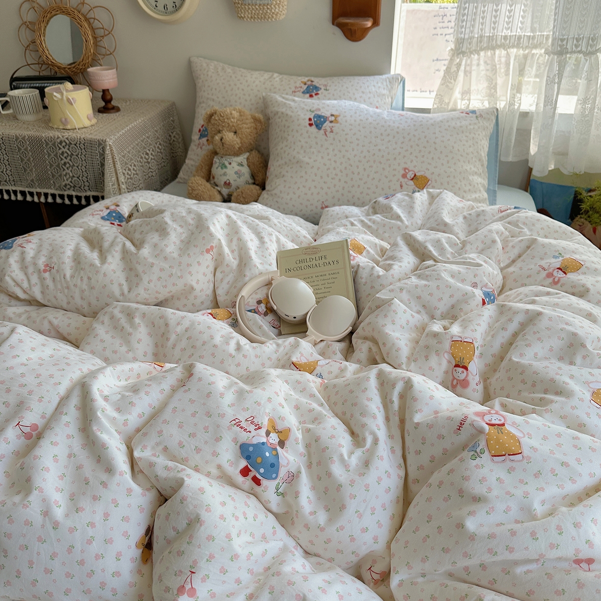 91家纺网 家纺一手货源 找家纺 沐芷 2025 开学季水洗棉四件套A类 卡通简约风超柔舒适三件套 甜心派派