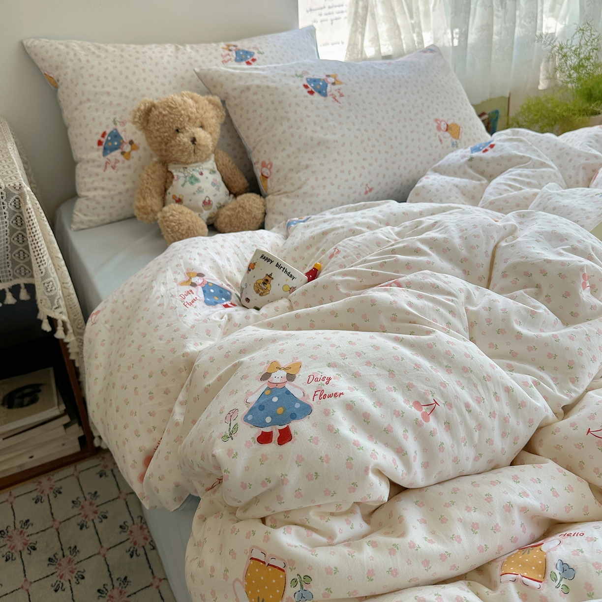 91家纺网 家纺一手货源 找家纺 沐芷 2025 开学季水洗棉四件套A类 卡通简约风超柔舒适三件套 甜心派派