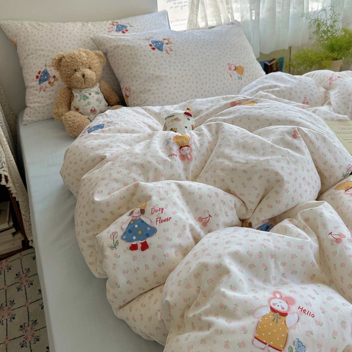 91家纺网 家纺一手货源 找家纺 沐芷 2025 开学季水洗棉四件套A类 卡通简约风超柔舒适三件套 甜心派派