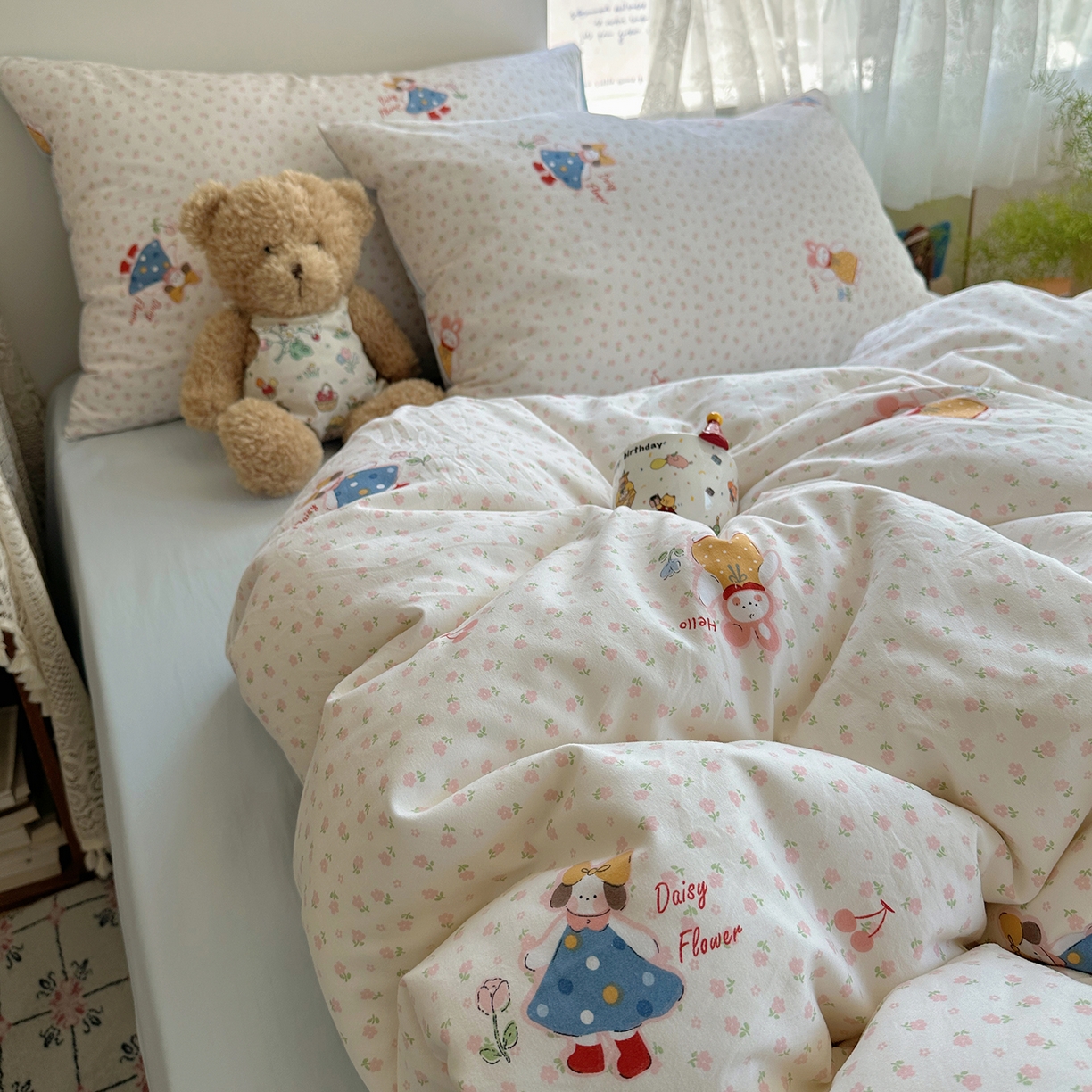 91家纺网 家纺一手货源 找家纺 沐芷 2025 开学季水洗棉四件套A类 卡通简约风超柔舒适三件套 甜心派派