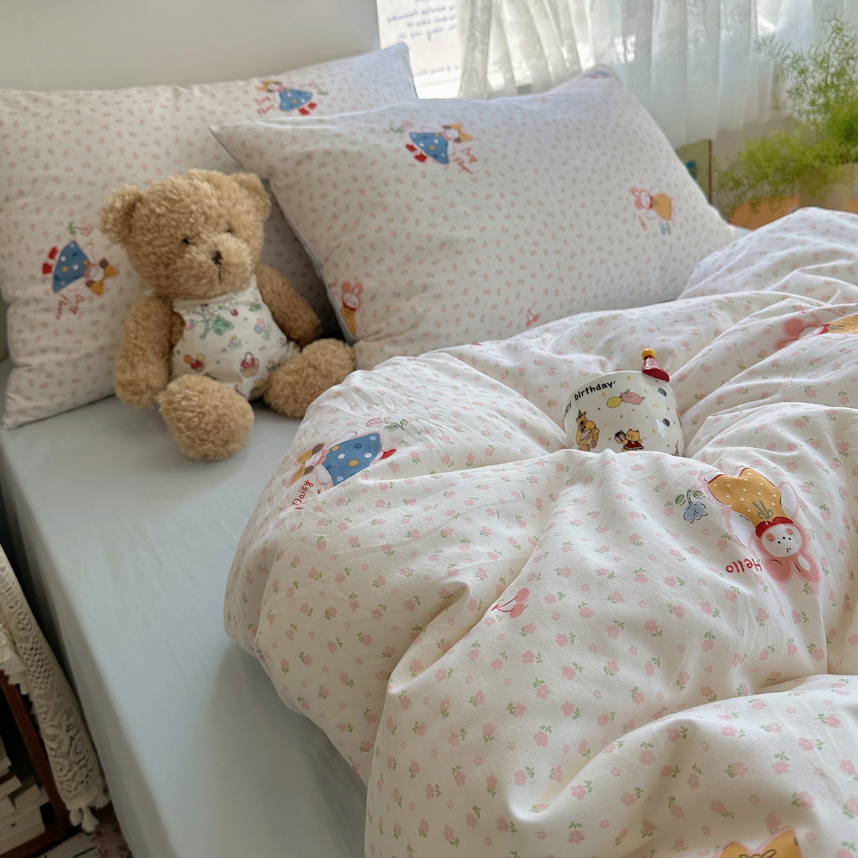 91家纺网 家纺一手货源 找家纺 沐芷 2025 开学季水洗棉四件套A类 卡通简约风超柔舒适三件套 甜心派派