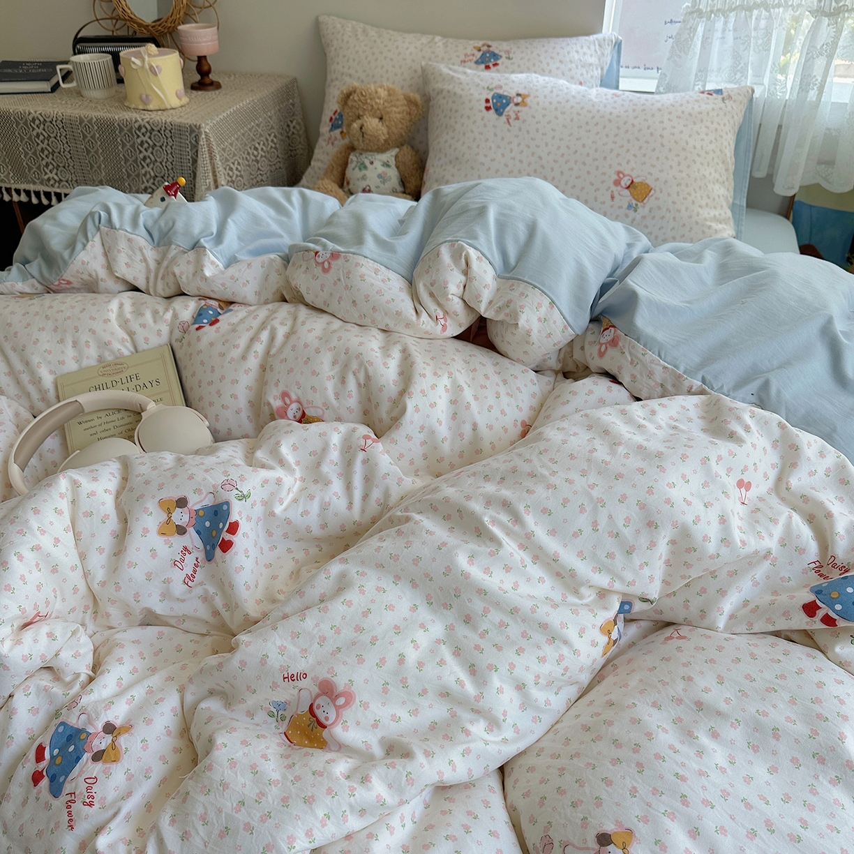 91家纺网 家纺一手货源 找家纺 沐芷 2025 开学季水洗棉四件套A类 卡通简约风超柔舒适三件套 甜心派派