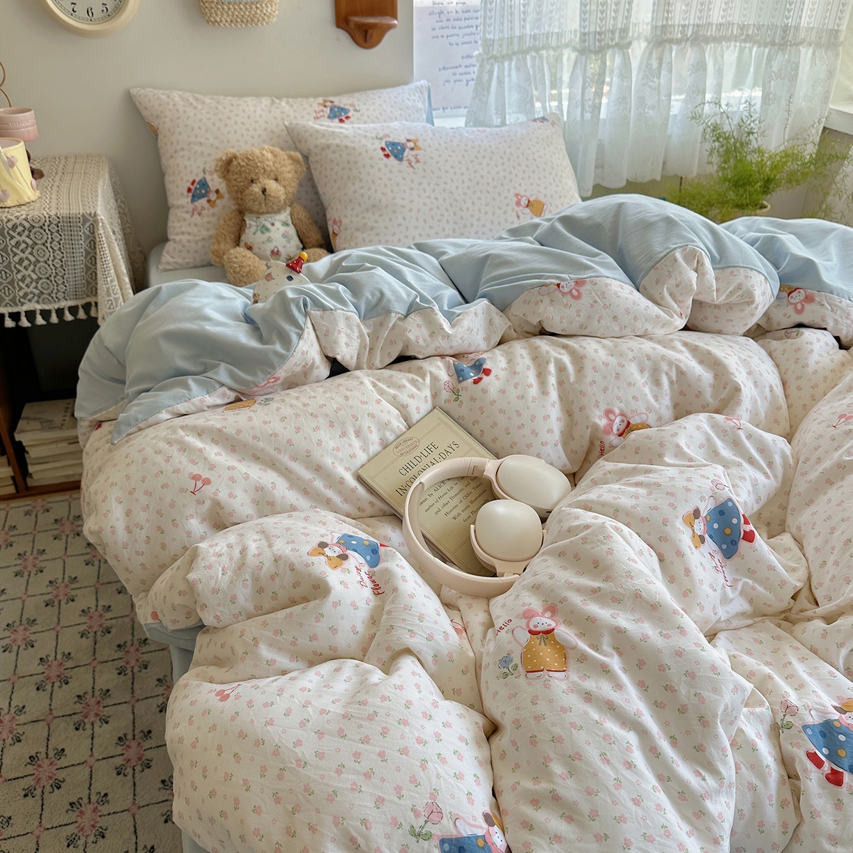 91家纺网 家纺一手货源 找家纺 沐芷 2025 开学季水洗棉四件套A类 卡通简约风超柔舒适三件套 甜心派派