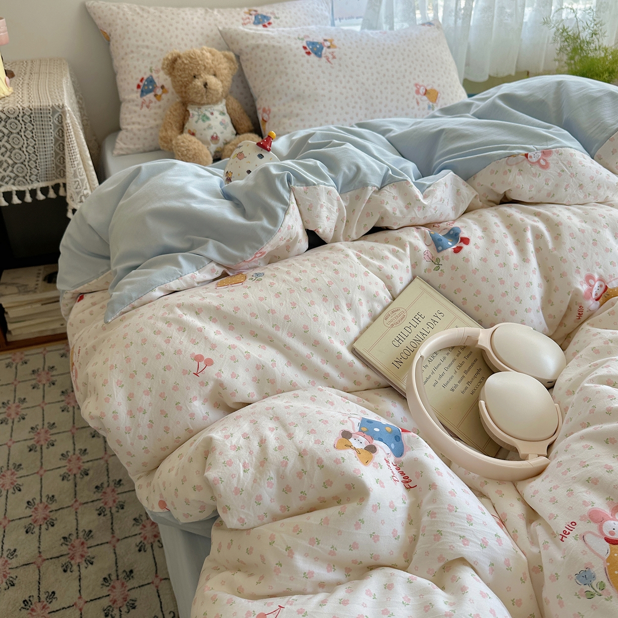 91家纺网 家纺一手货源 找家纺 沐芷 2025 开学季水洗棉四件套A类 卡通简约风超柔舒适三件套 甜心派派