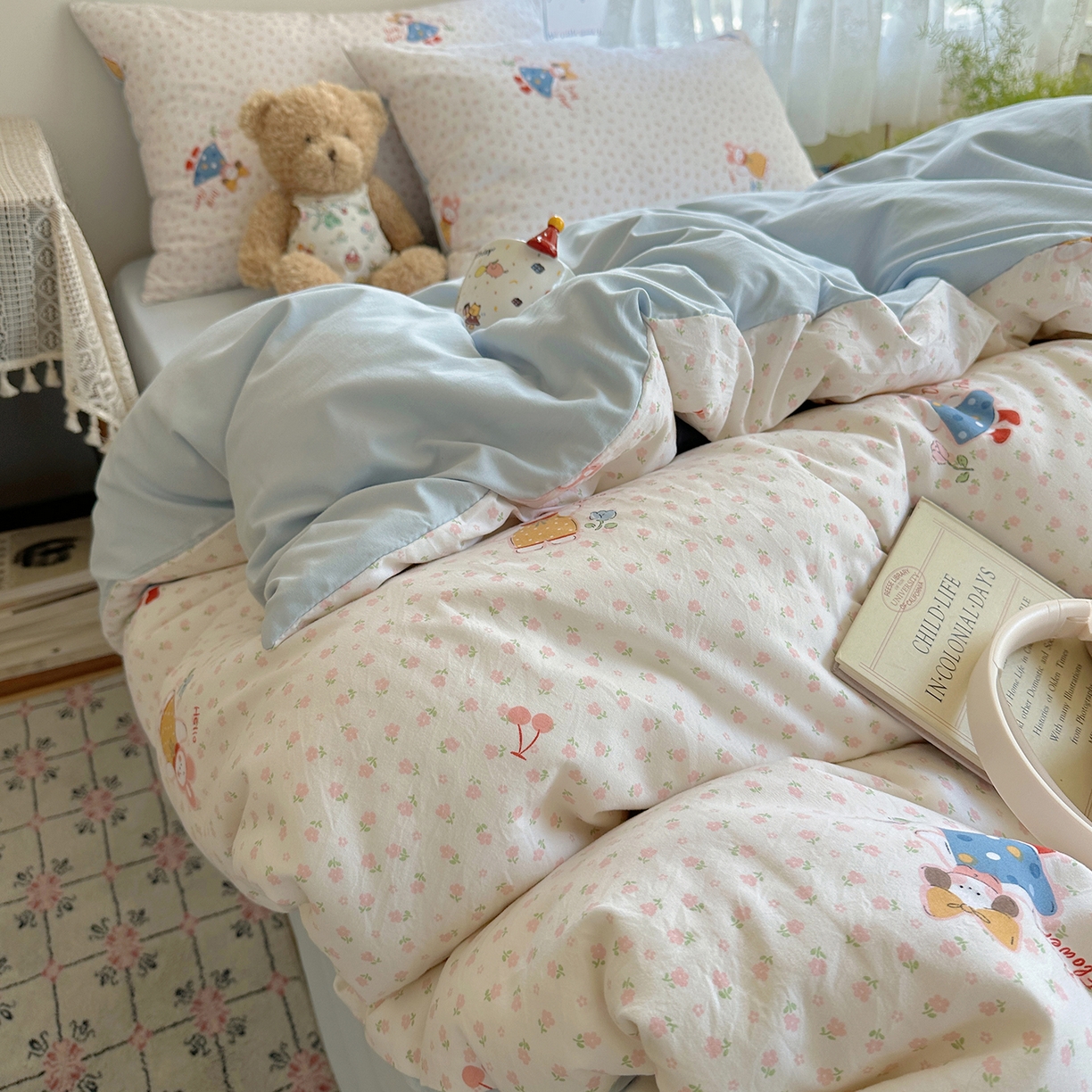 91家纺网 家纺一手货源 找家纺 沐芷 2025 开学季水洗棉四件套A类 卡通简约风超柔舒适三件套 甜心派派