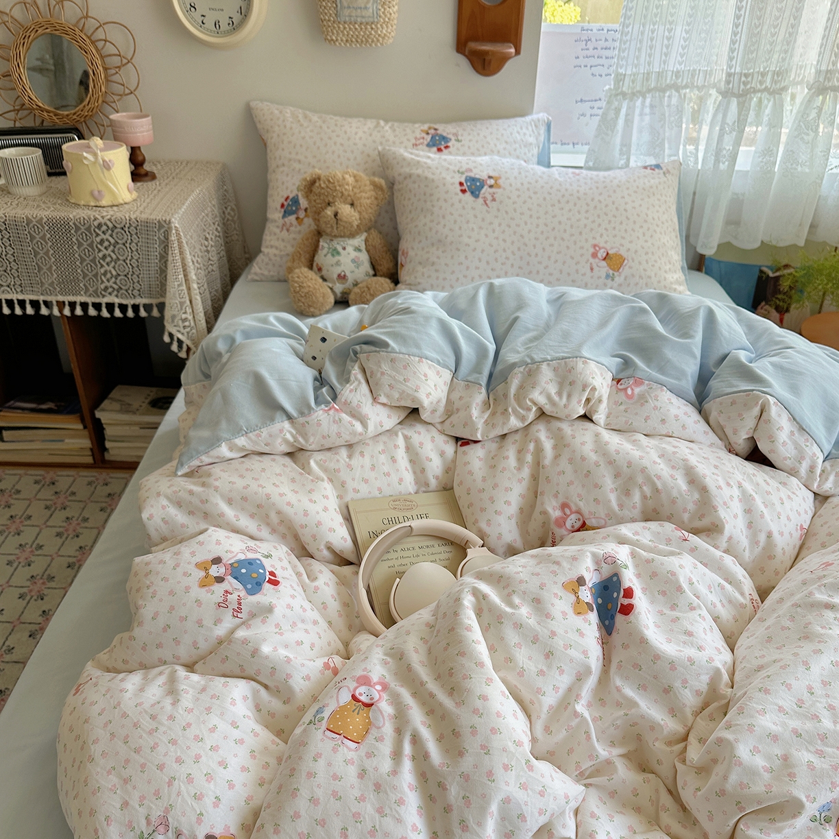 91家纺网 家纺一手货源 找家纺 沐芷 2025 开学季水洗棉四件套A类 卡通简约风超柔舒适三件套 甜心派派