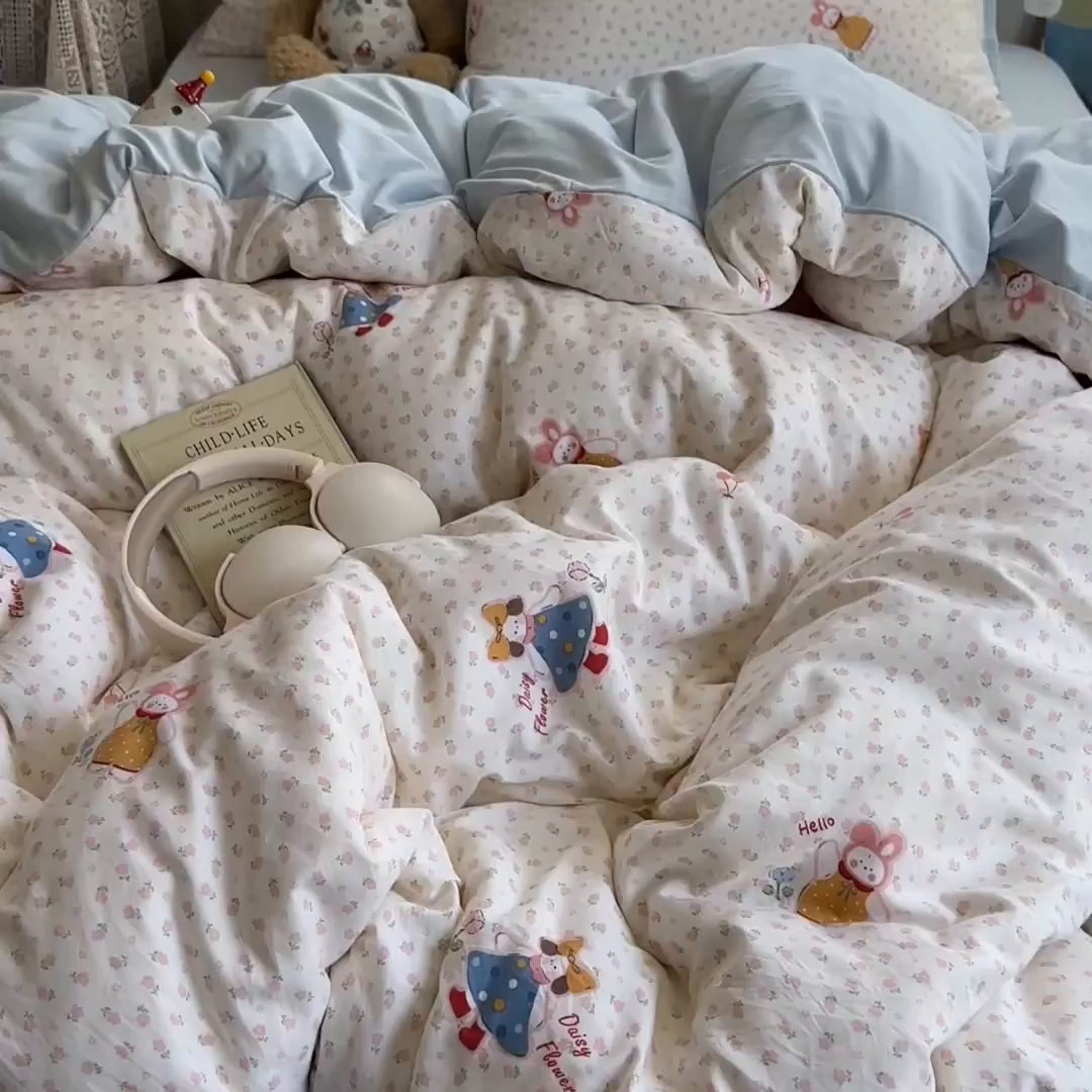 91家纺网 家纺一手货源 找家纺 沐芷 2025 开学季水洗棉四件套A类 卡通简约风超柔舒适三件套 甜心派派