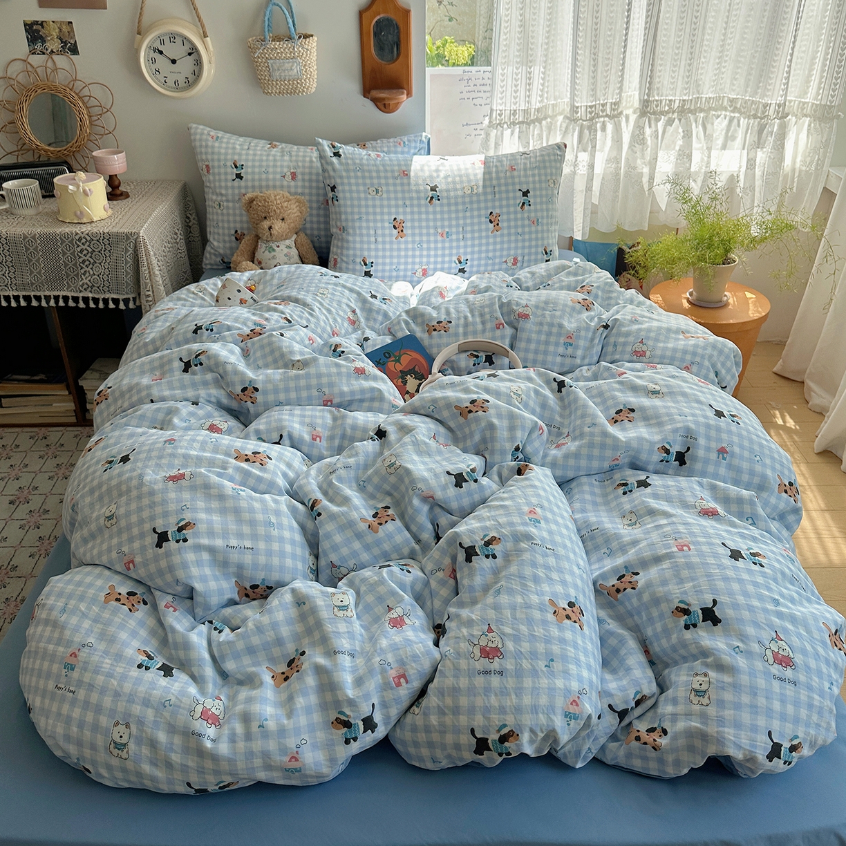 91家纺网 家纺一手货源 找家纺 沐芷 2025 开学季水洗棉四件套A类 卡通简约风超柔舒适三件套 汪星蓝町