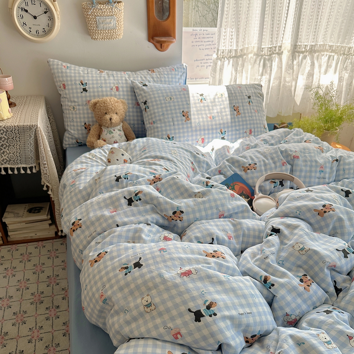 91家纺网 家纺一手货源 找家纺 沐芷 2025 开学季水洗棉四件套A类 卡通简约风超柔舒适三件套 汪星蓝町