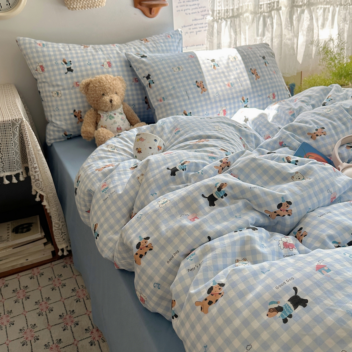 91家纺网 家纺一手货源 找家纺 沐芷 2025 开学季水洗棉四件套A类 卡通简约风超柔舒适三件套 汪星蓝町