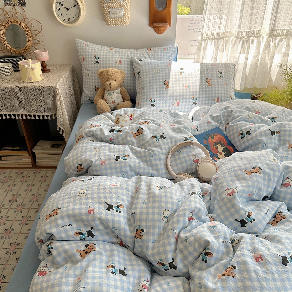 91家纺网 家纺一手货源 找家纺 沐芷 2025 开学季水洗棉四件套A类 卡通简约风超柔舒适三件套 汪星蓝町