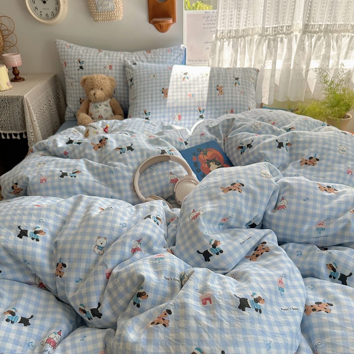 91家纺网 家纺一手货源 找家纺 沐芷 2025 开学季水洗棉四件套A类 卡通简约风超柔舒适三件套 汪星蓝町