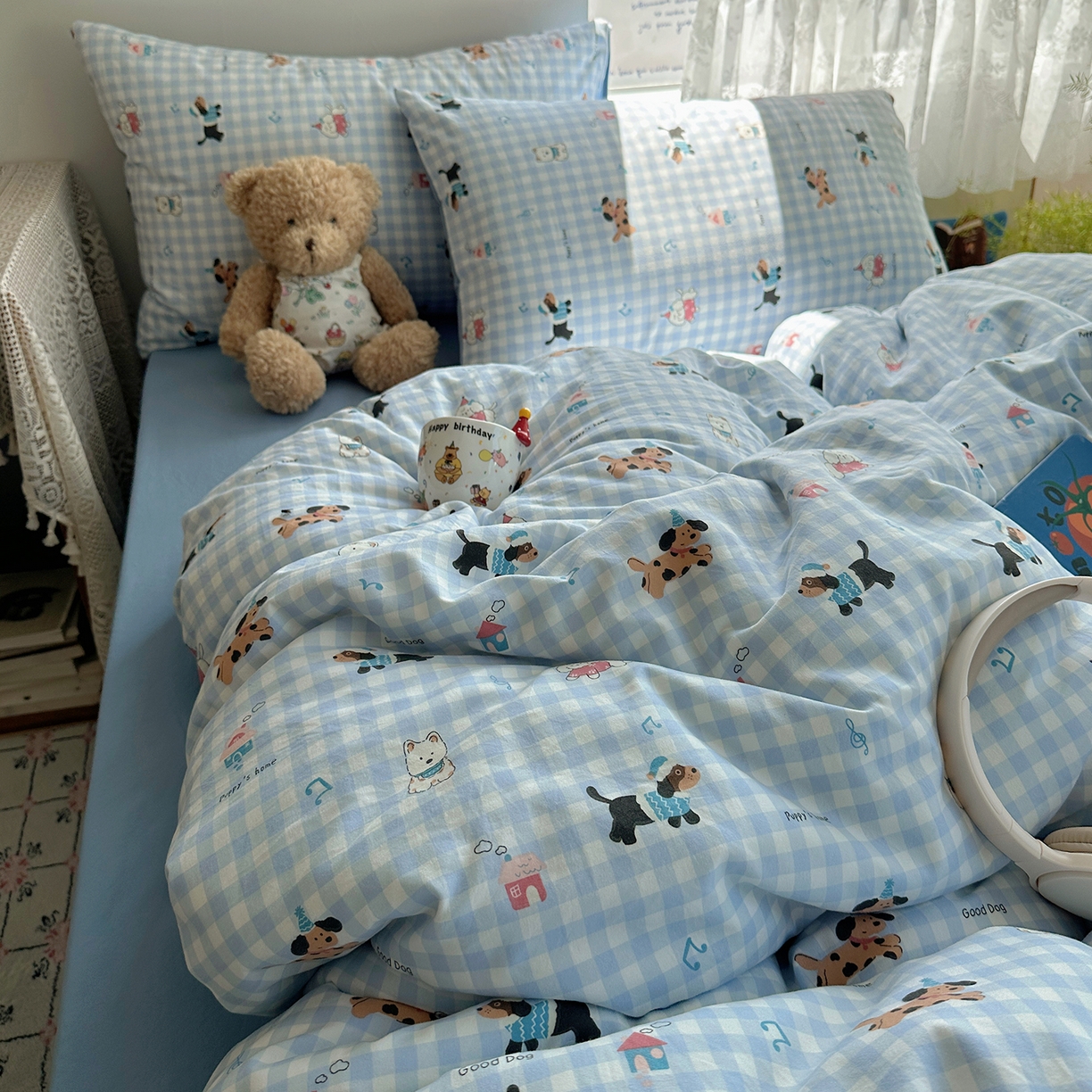 91家纺网 家纺一手货源 找家纺 沐芷 2025 开学季水洗棉四件套A类 卡通简约风超柔舒适三件套 汪星蓝町