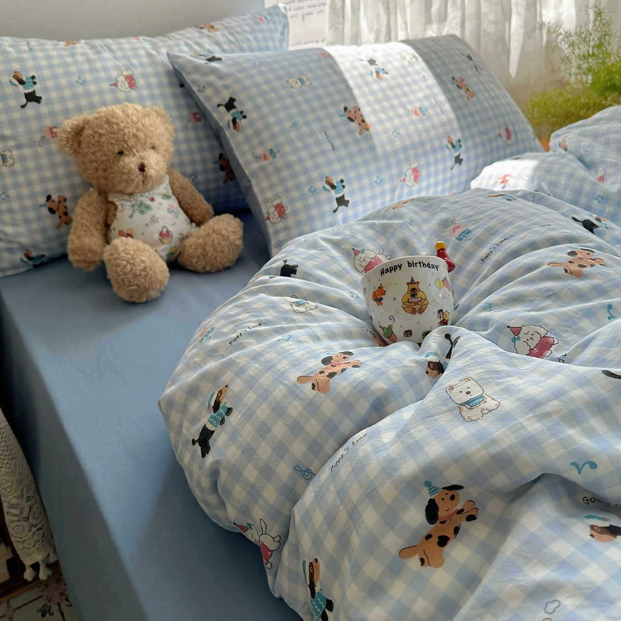 91家纺网 家纺一手货源 找家纺 沐芷 2025 开学季水洗棉四件套A类 卡通简约风超柔舒适三件套 汪星蓝町