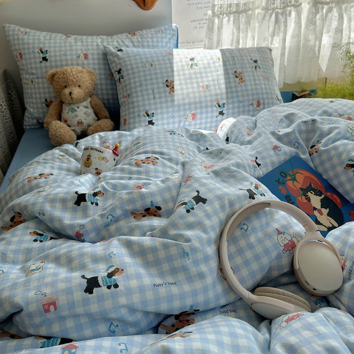 91家纺网 家纺一手货源 找家纺 沐芷 2025 开学季水洗棉四件套A类 卡通简约风超柔舒适三件套 汪星蓝町