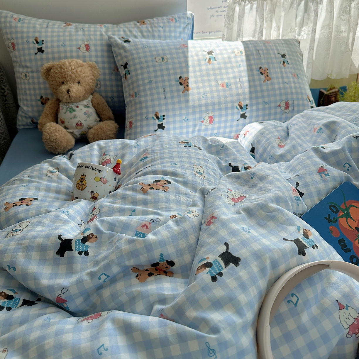 91家纺网 家纺一手货源 找家纺 沐芷 2025 开学季水洗棉四件套A类 卡通简约风超柔舒适三件套 汪星蓝町