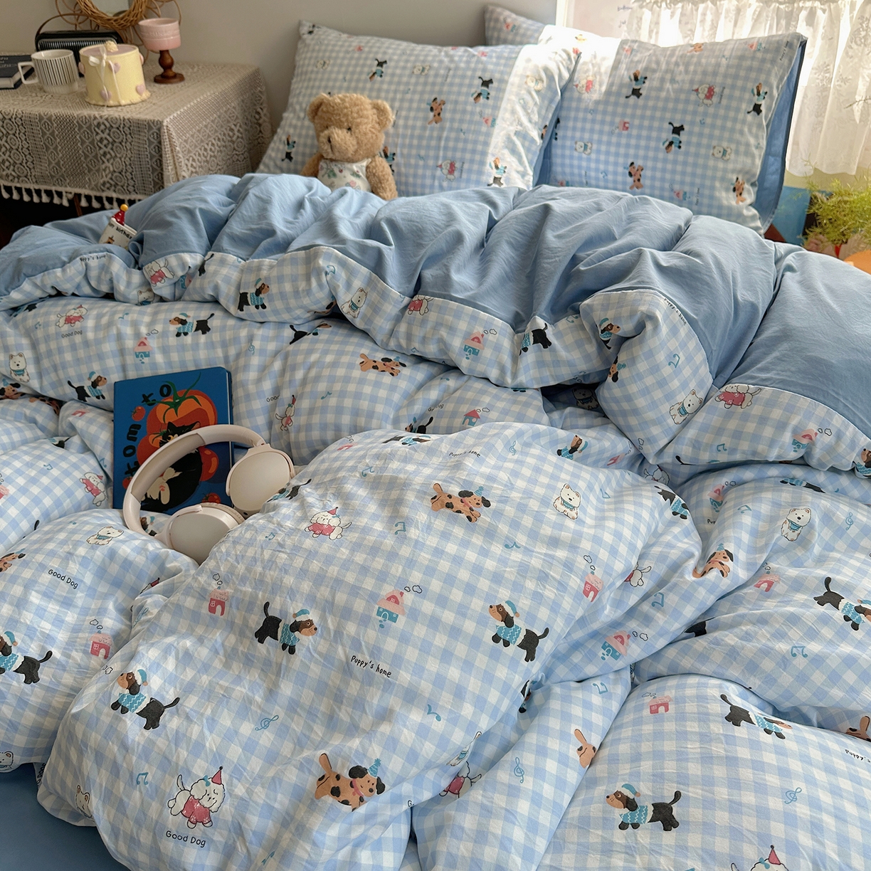 91家纺网 家纺一手货源 找家纺 沐芷 2025 开学季水洗棉四件套A类 卡通简约风超柔舒适三件套 汪星蓝町