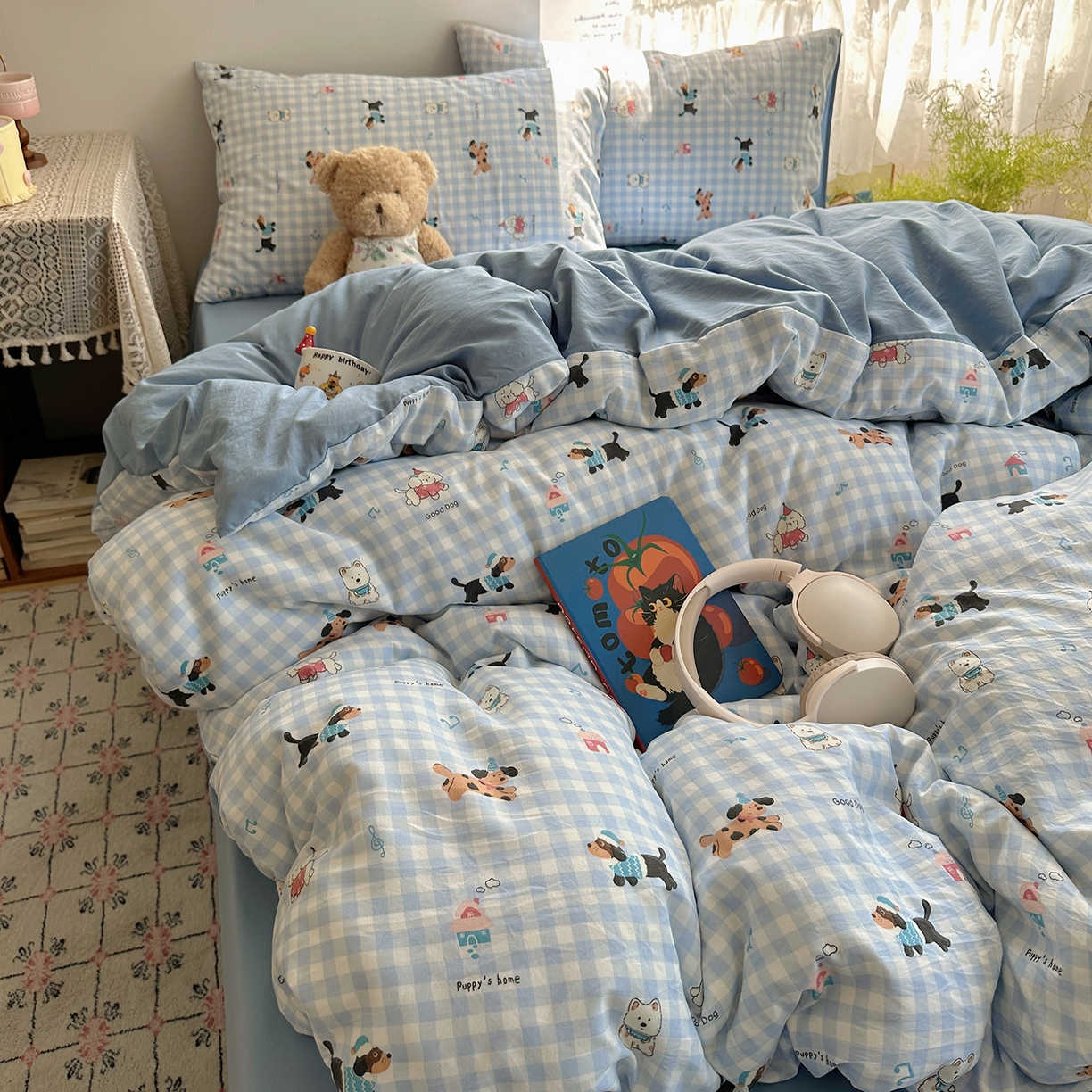 91家纺网 家纺一手货源 找家纺 沐芷 2025 开学季水洗棉四件套A类 卡通简约风超柔舒适三件套 汪星蓝町