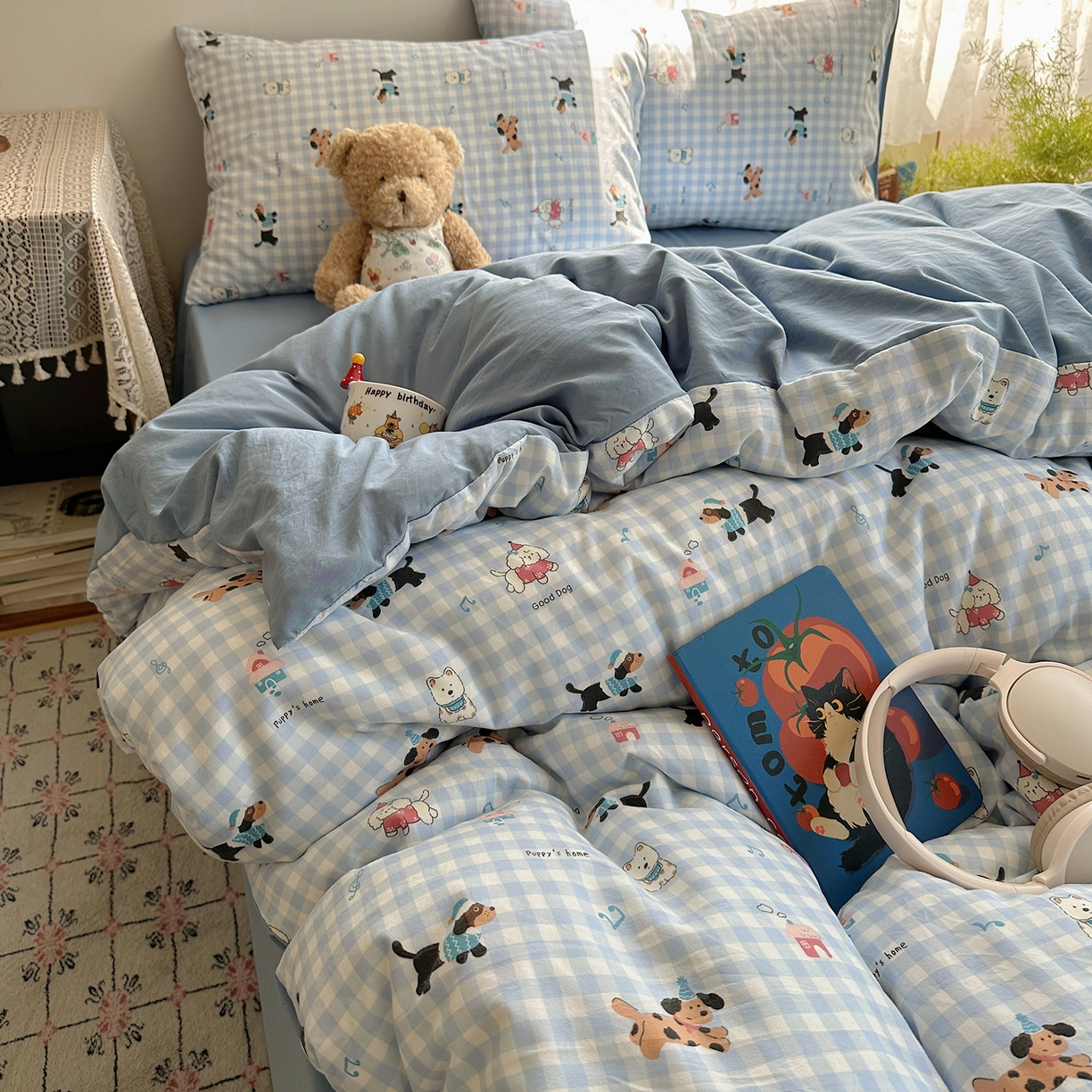 91家纺网 家纺一手货源 找家纺 沐芷 2025 开学季水洗棉四件套A类 卡通简约风超柔舒适三件套 汪星蓝町