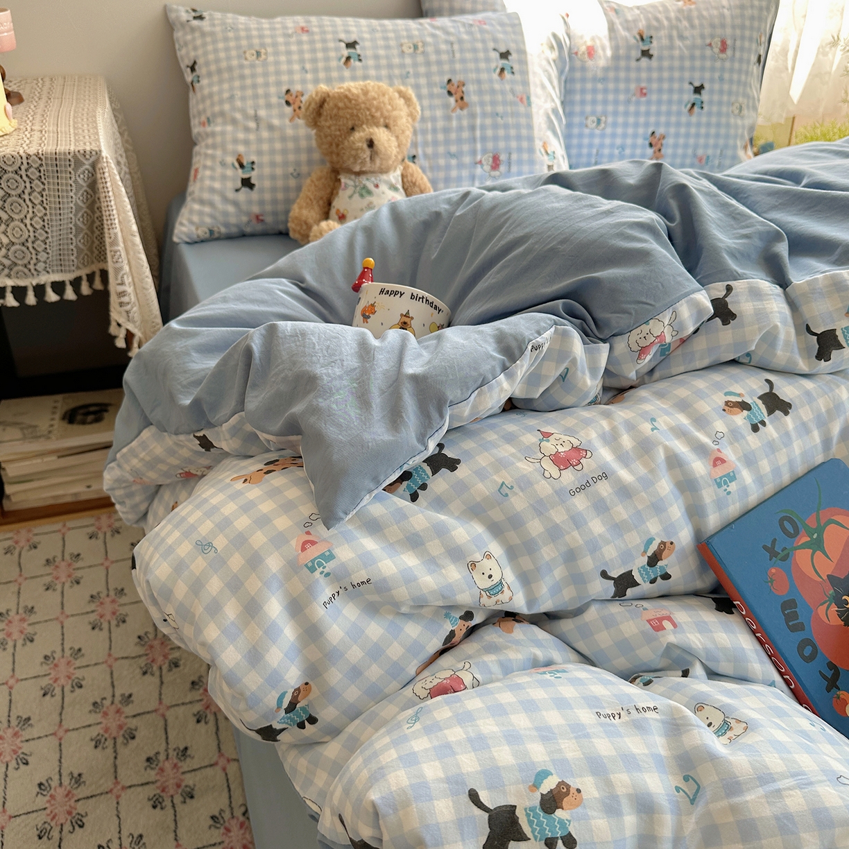 91家纺网 家纺一手货源 找家纺 沐芷 2025 开学季水洗棉四件套A类 卡通简约风超柔舒适三件套 汪星蓝町