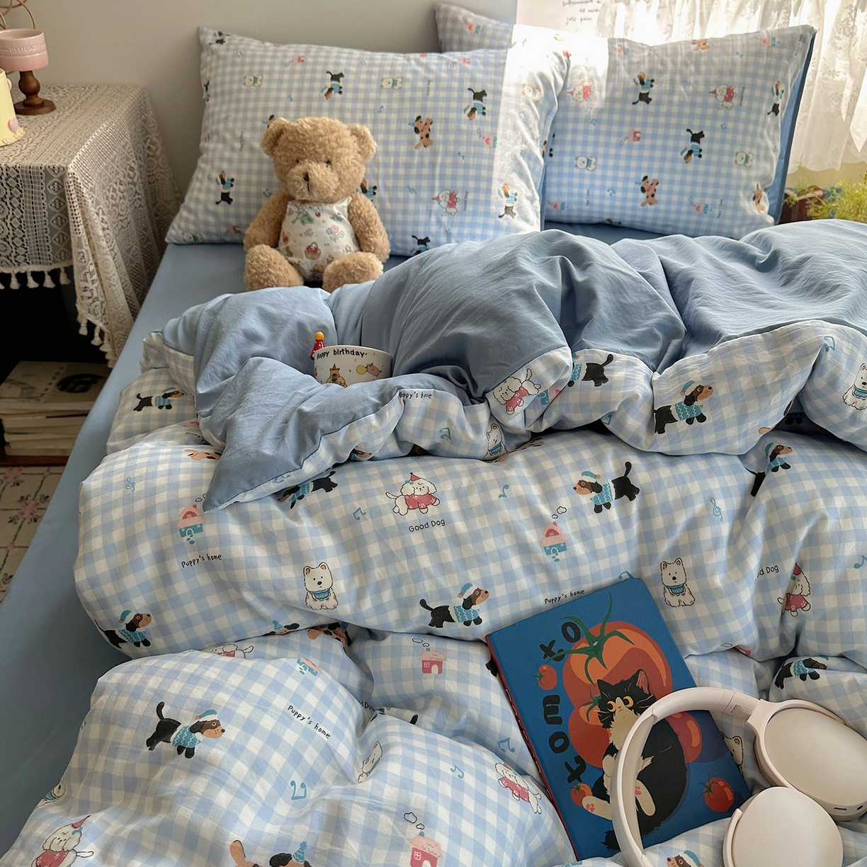 91家纺网 家纺一手货源 找家纺 沐芷 2025 开学季水洗棉四件套A类 卡通简约风超柔舒适三件套 汪星蓝町