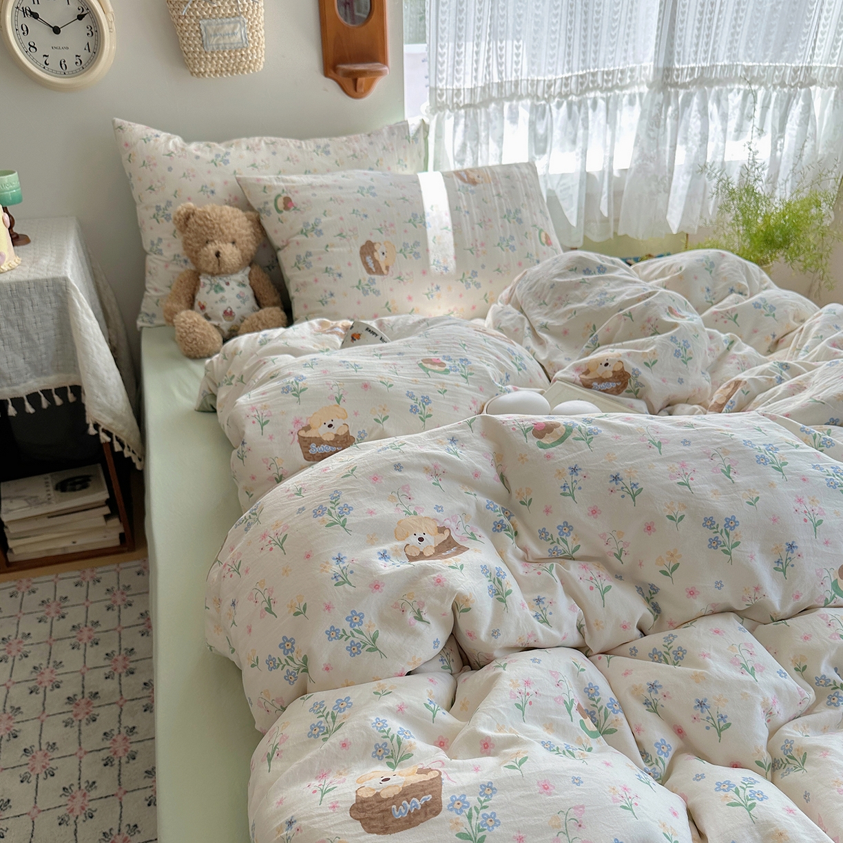 91家纺网 家纺一手货源 找家纺 沐芷 2025 开学季水洗棉四件套A类 卡通简约风超柔舒适三件套 午后时光