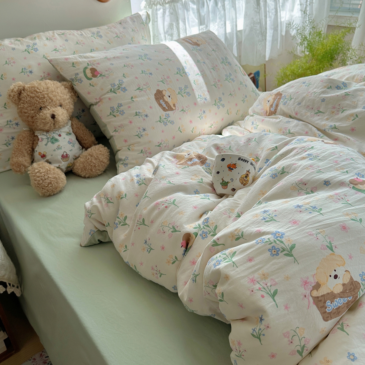 91家纺网 家纺一手货源 找家纺 沐芷 2025 开学季水洗棉四件套A类 卡通简约风超柔舒适三件套 午后时光