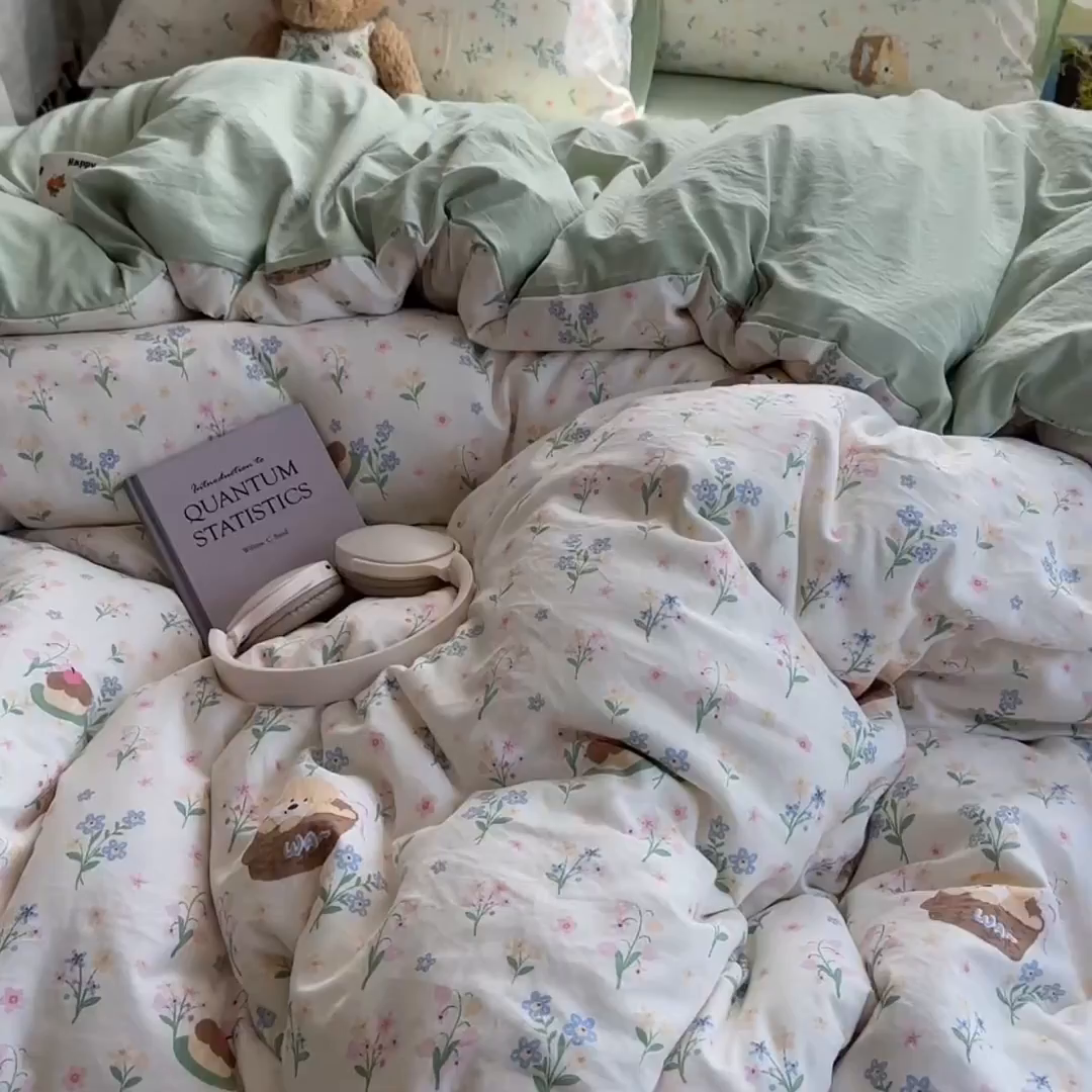 91家纺网 家纺一手货源 找家纺 沐芷 2025 开学季水洗棉四件套A类 卡通简约风超柔舒适三件套 午后时光