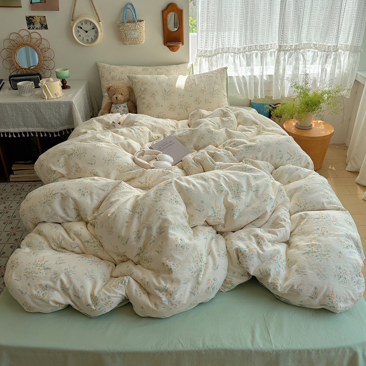 91家纺网 家纺一手货源 找家纺 沐芷 2025 开学季水洗棉四件套A类 卡通简约风超柔舒适三件套 仙草