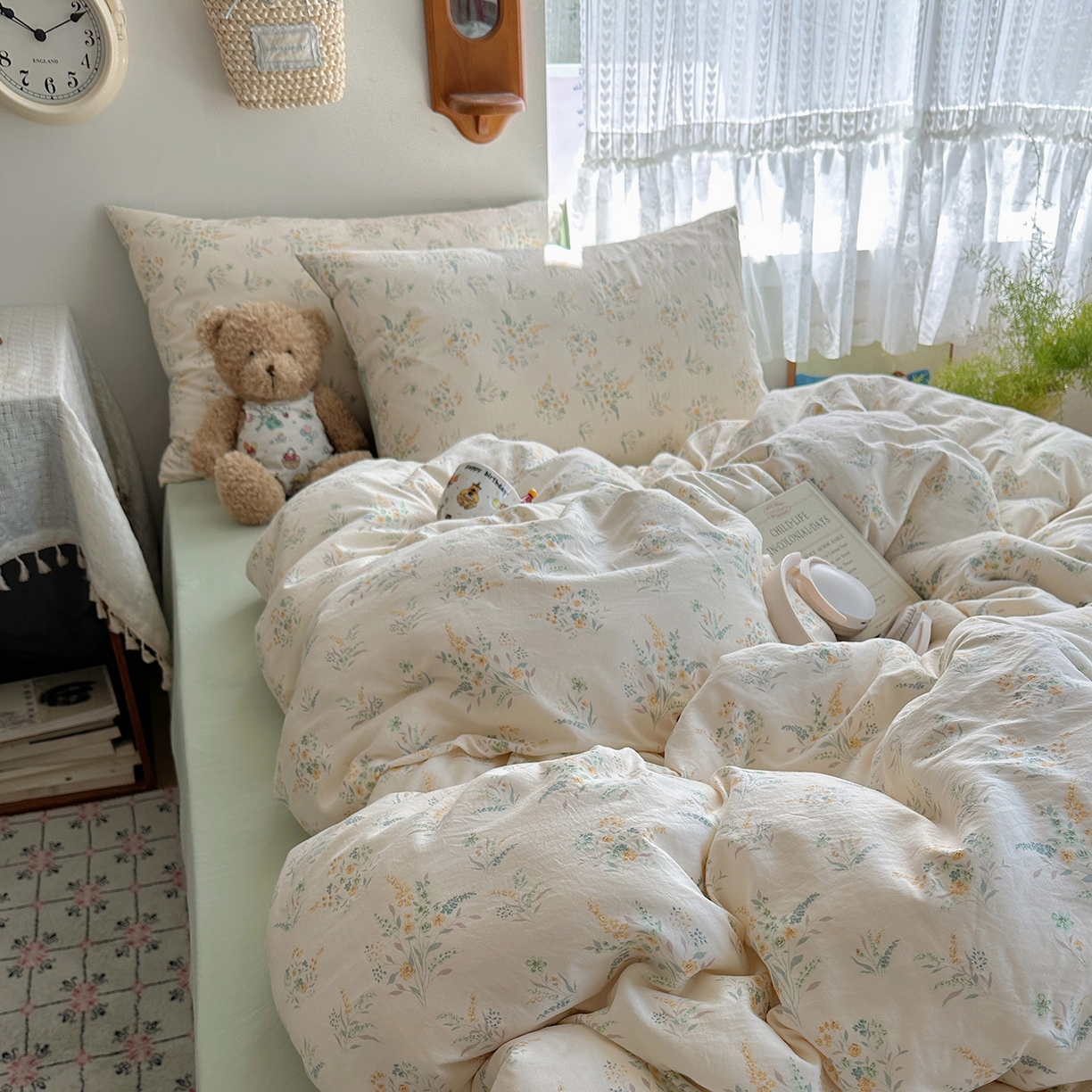 91家纺网 家纺一手货源 找家纺 沐芷 2025 开学季水洗棉四件套A类 卡通简约风超柔舒适三件套 仙草