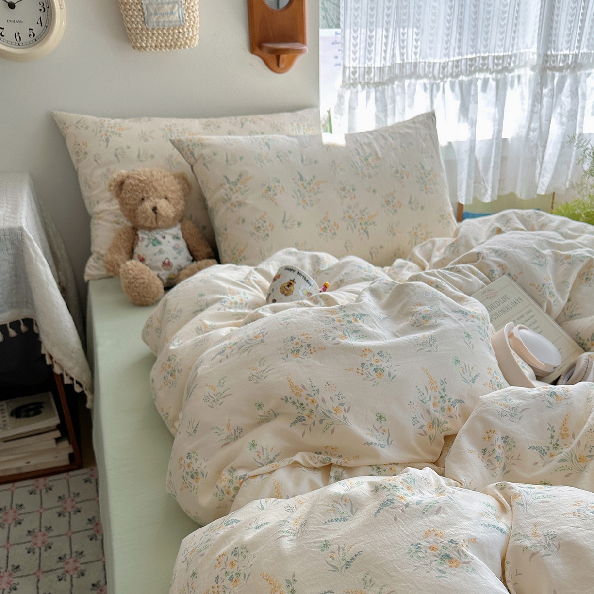 91家纺网 家纺一手货源 找家纺 沐芷 2025 开学季水洗棉四件套A类 卡通简约风超柔舒适三件套 仙草