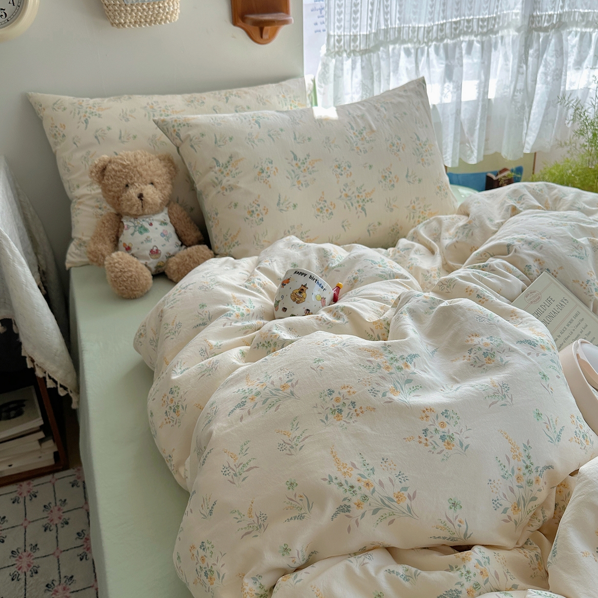 91家纺网 家纺一手货源 找家纺 沐芷 2025 开学季水洗棉四件套A类 卡通简约风超柔舒适三件套 仙草