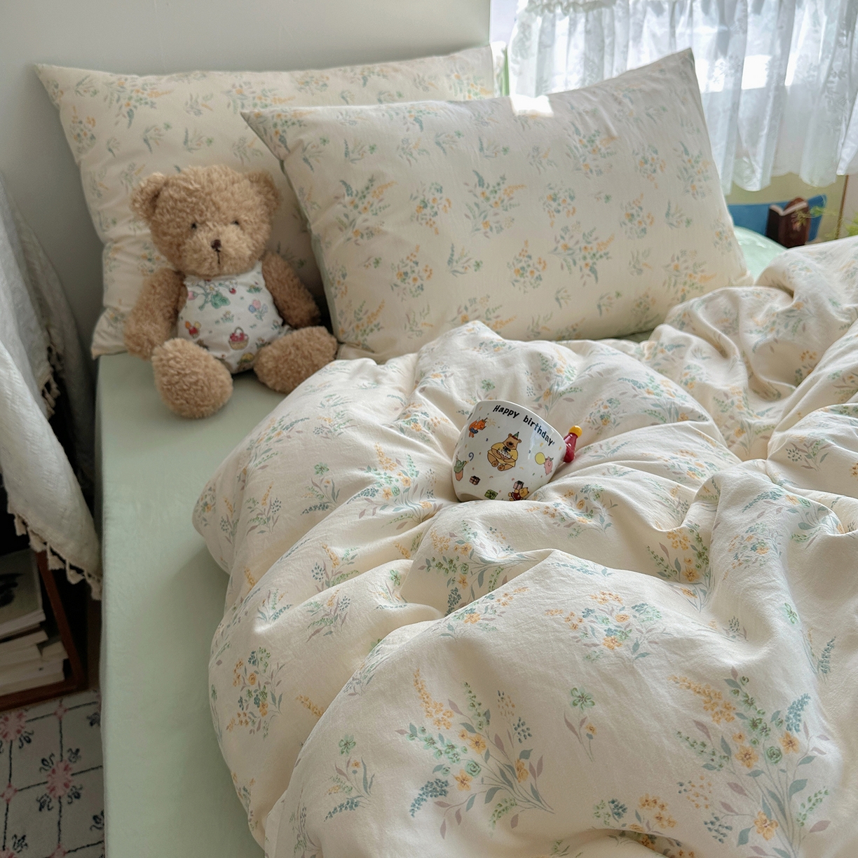 91家纺网 家纺一手货源 找家纺 沐芷 2025 开学季水洗棉四件套A类 卡通简约风超柔舒适三件套 仙草