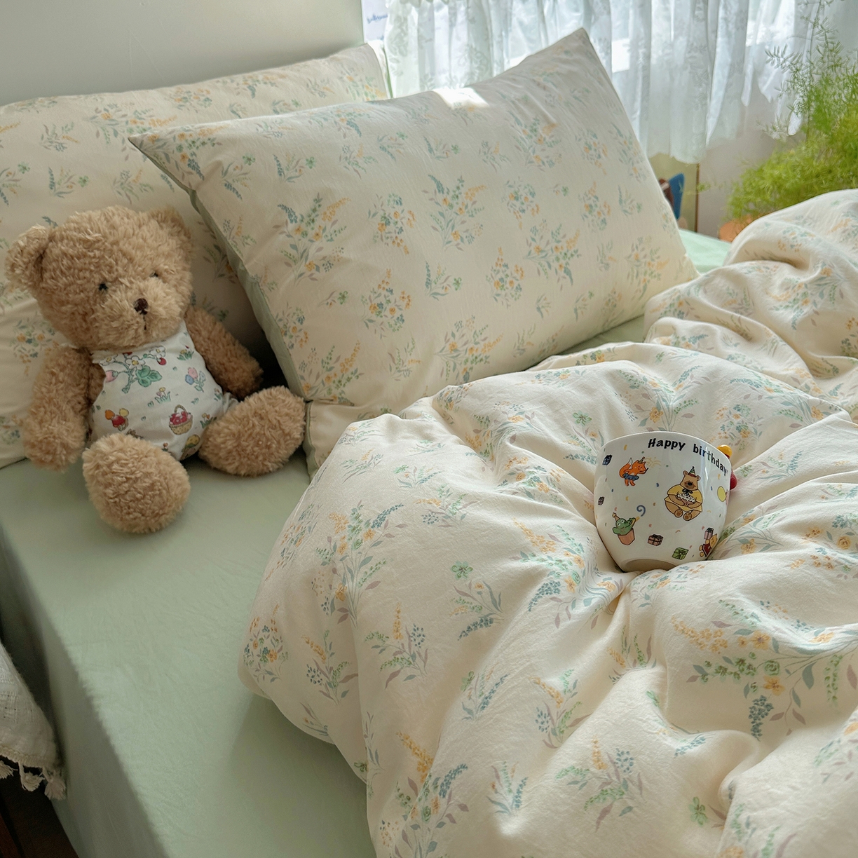 91家纺网 家纺一手货源 找家纺 沐芷 2025 开学季水洗棉四件套A类 卡通简约风超柔舒适三件套 仙草