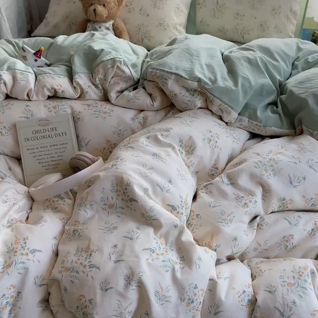 91家纺网 家纺一手货源 找家纺 沐芷 2025 开学季水洗棉四件套A类 卡通简约风超柔舒适三件套 仙草