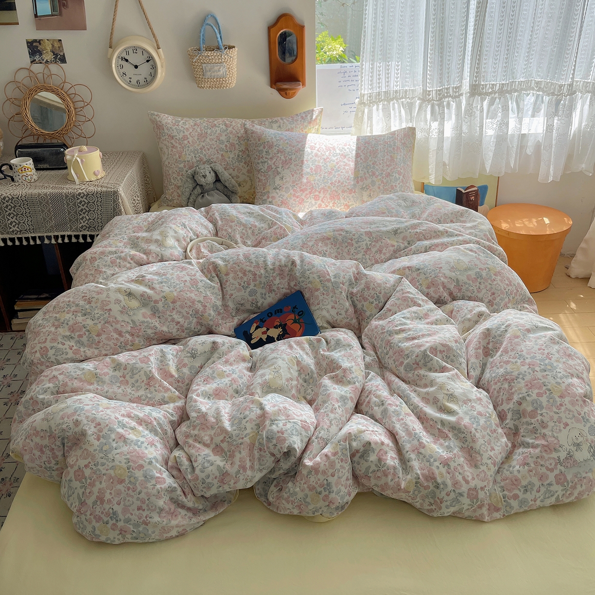 91家纺网 家纺一手货源 找家纺 沐芷 2025 开学季水洗棉四件套A类 卡通简约风超柔舒适三件套 幸运可爱兔