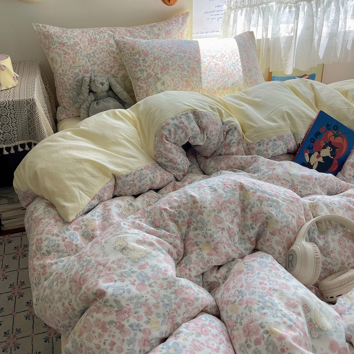 91家纺网 家纺一手货源 找家纺 沐芷 2025 开学季水洗棉四件套A类 卡通简约风超柔舒适三件套 幸运可爱兔